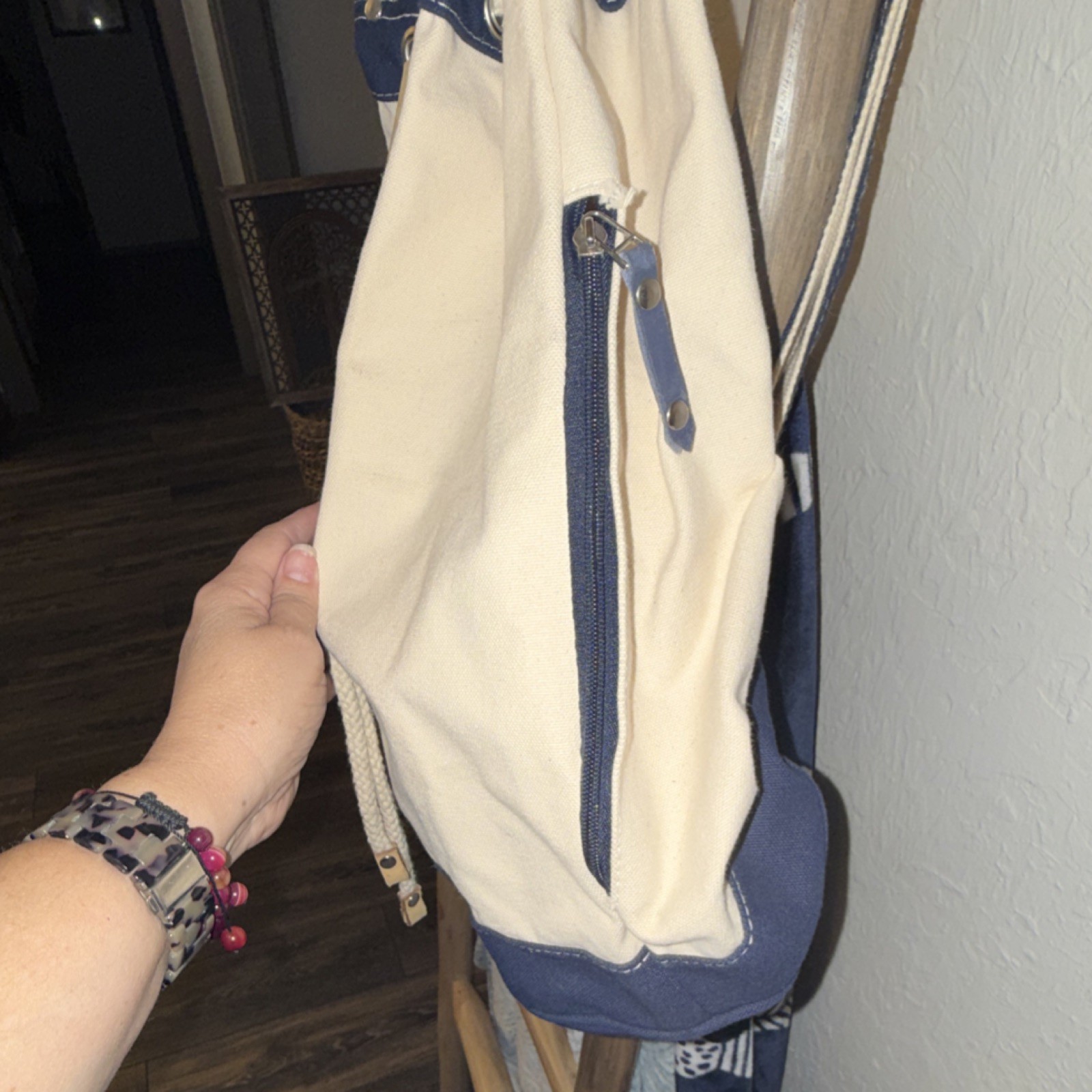 Beige/Blue Canvas Drawstring Hiking Bag Adjustable Strap Zipper for easy access 3