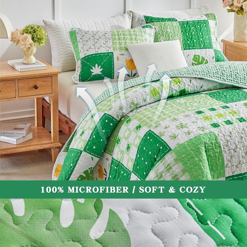 Queen Size 3-Piece Patchwork Quilt Set Green Pink White Leaves Floral Plaid gallery