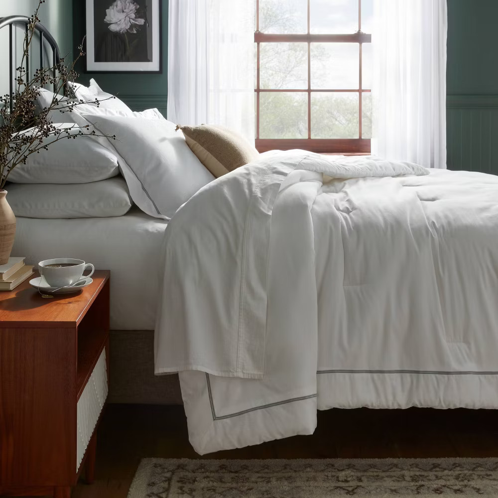 3pc King Luxe Embroidered Border Comforter and Sham Set White/Light Teal Green gallery