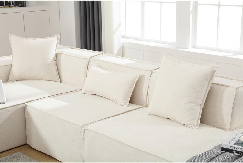 Beige 129" Modular Polyester Sofa Set with Chaise & Pillows 3 Seater Sofa Couch gallery
