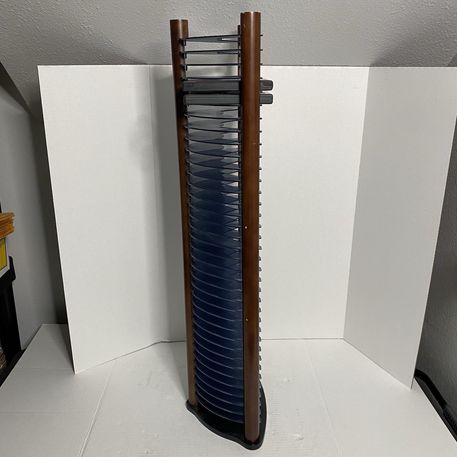 Vtg Atlantic DVD Storage Tower Rack Holds 35 DVD’s Red Wood Pillars w/ Blu Slots gallery
