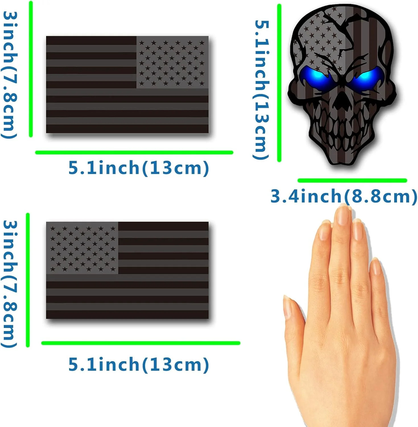 3 Pack 5.1"Reflective All Black American Flag Sticker, Skull Decal with Black US gallery