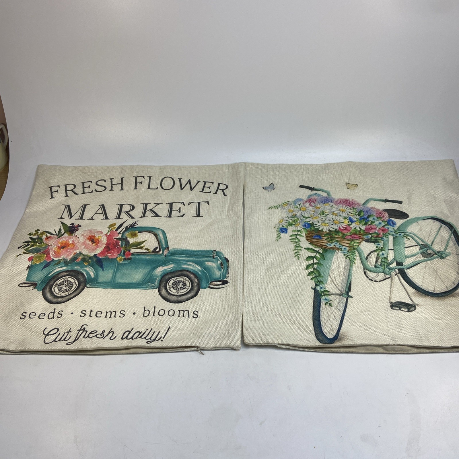 2 Pillow Covers Spring Summer Flower Truck Bike Aqua 18x18in Cottagecore Farm gallery