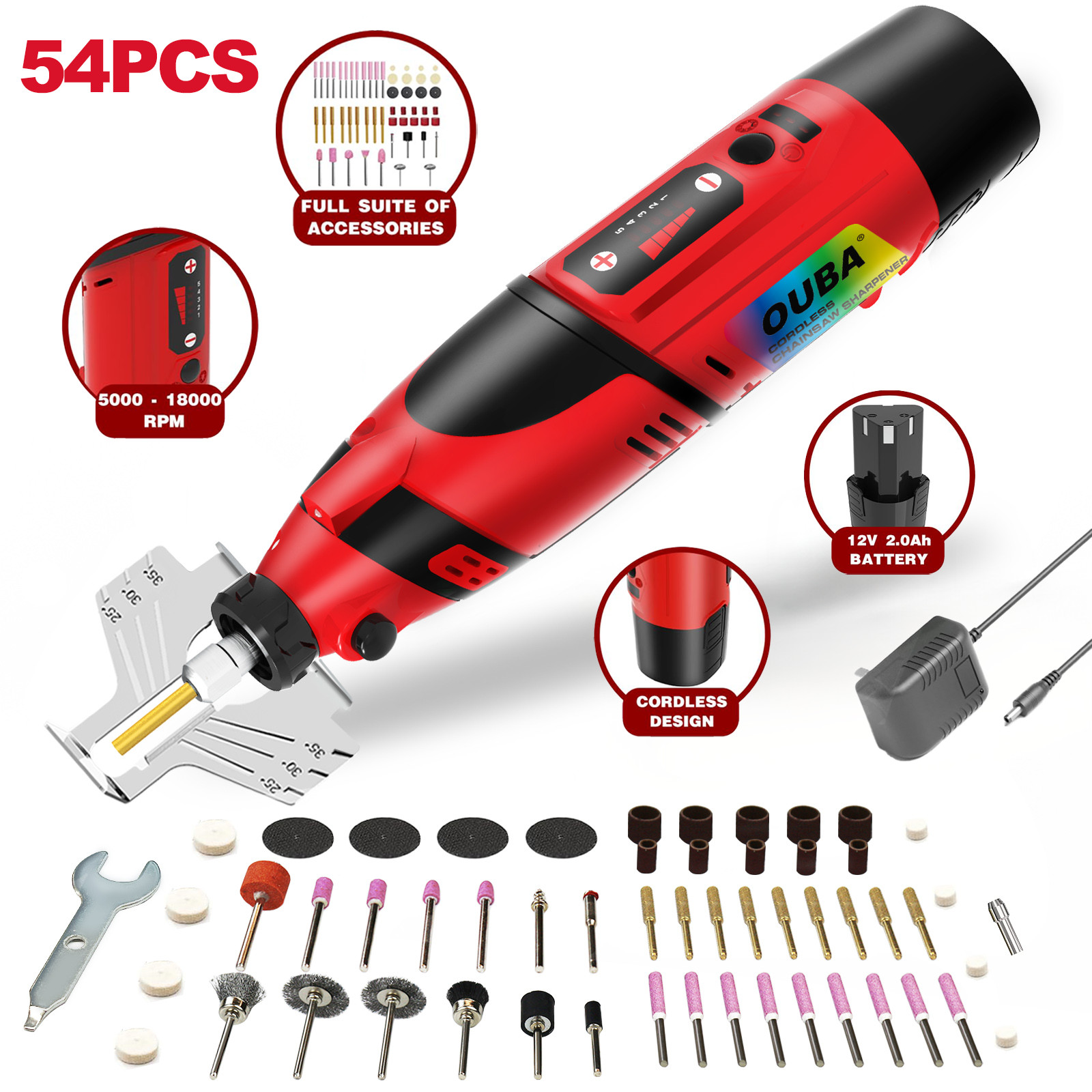 Cordless Chainsaw Sharpener Kit, 12V Battery, 54 PCS Rotary Tool Set Grinder gallery