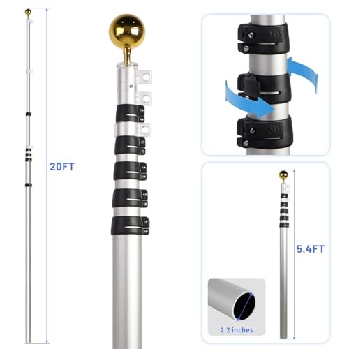 20ft Telescopic Flag Pole - Extra Thick Outdoor Telescoping 20FT Silver-20FT gallery