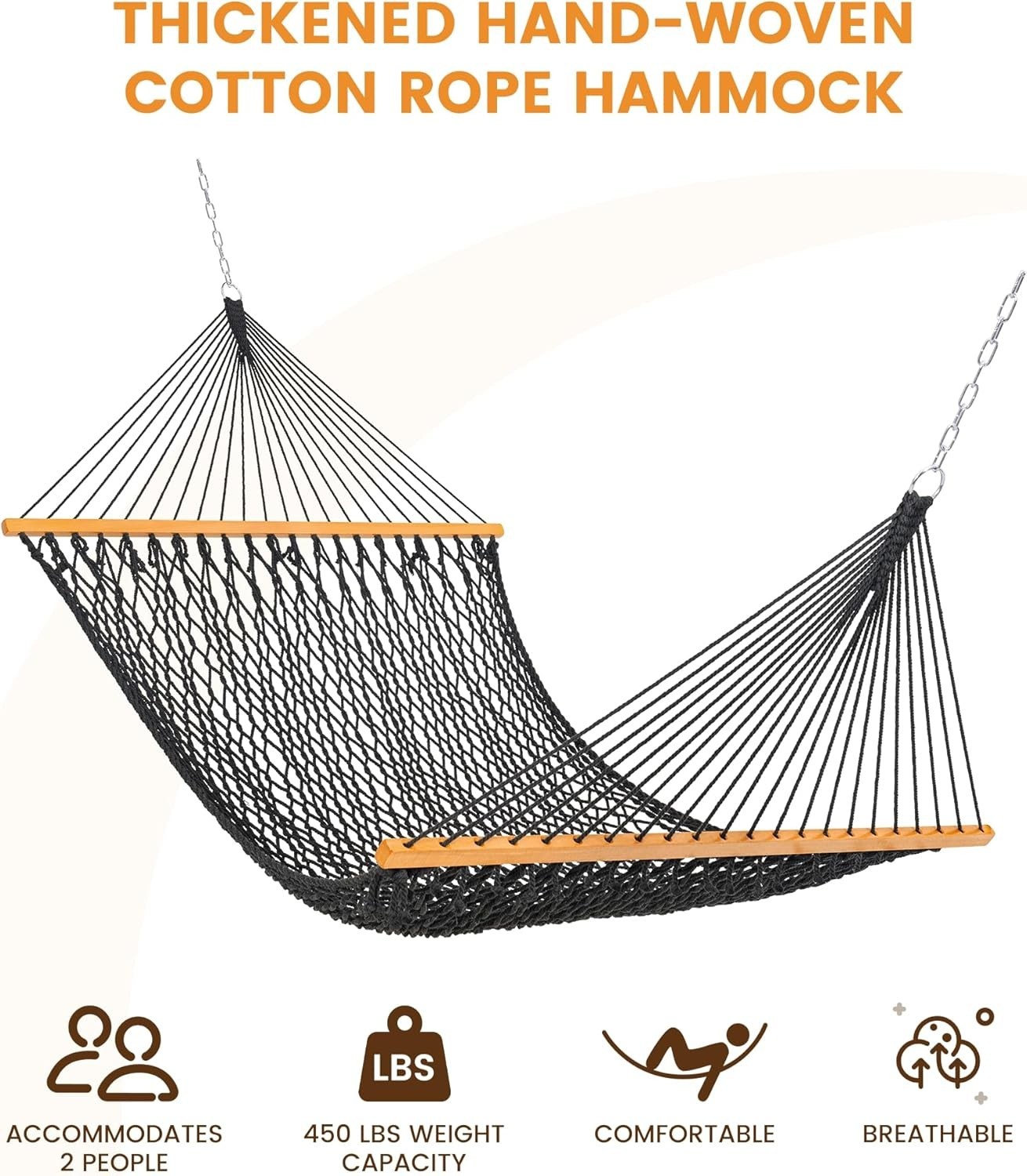 Hammocks Cotton Rope Double Hammock with Wood Spreader bar 450 Pounds Capacity gallery