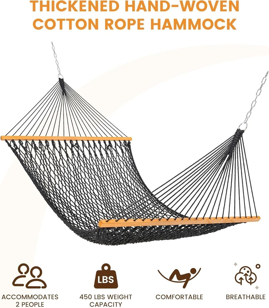 Hammocks Cotton Rope Double Hammock with Wood Spreader bar 450 Pounds Capacity