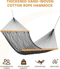Hammocks Cotton Rope Double Hammock with Wood Spreader bar 450 Pounds Capacity