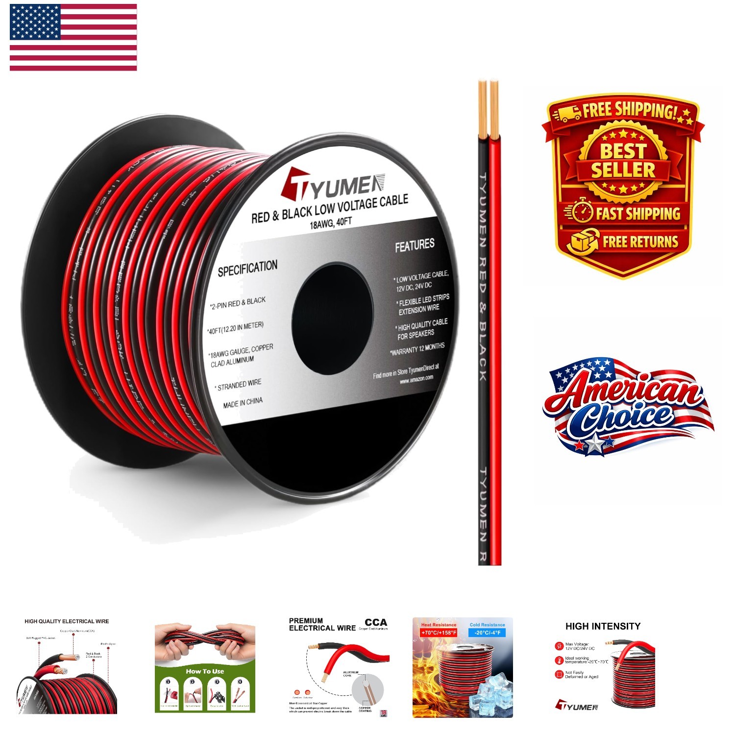 Versatile 40FT Red and Black 18 AWG LED Extension Cable for DC Installations gallery