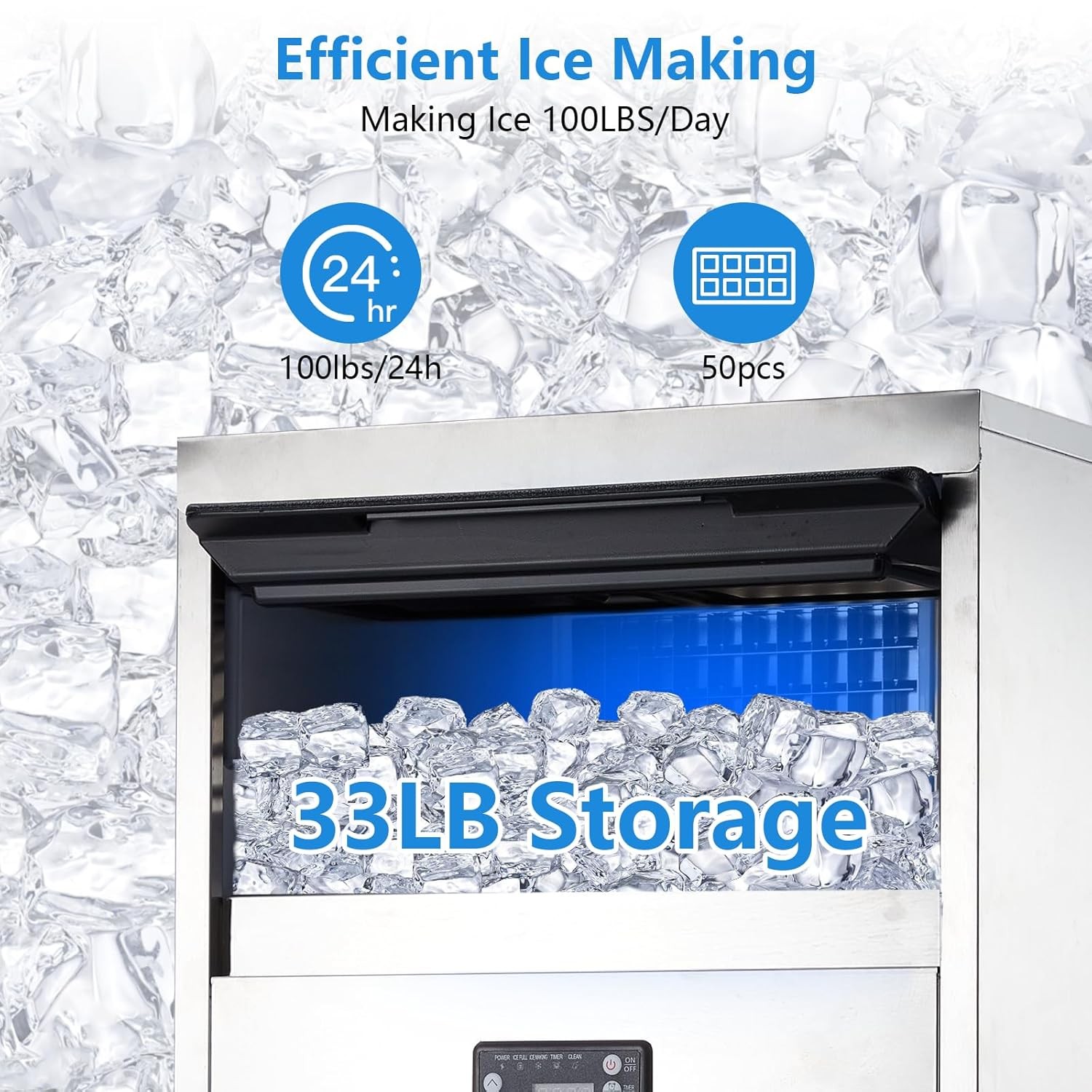 100LBS/24H Ice Maker 33LBS Storage 2 Water Inlet Stainless Steel Filter & Scoop gallery