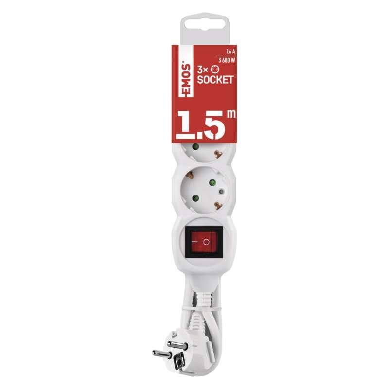 Extension Lead Cable 16A EU Main Plug Socket 3 Way 1.5m White gallery