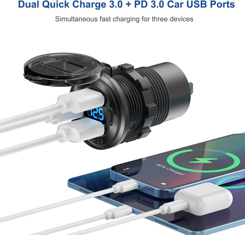 PD3.0 USB Charger Panel with LED Voltmeter & Waterproof Lighted Socket for Boats gallery
