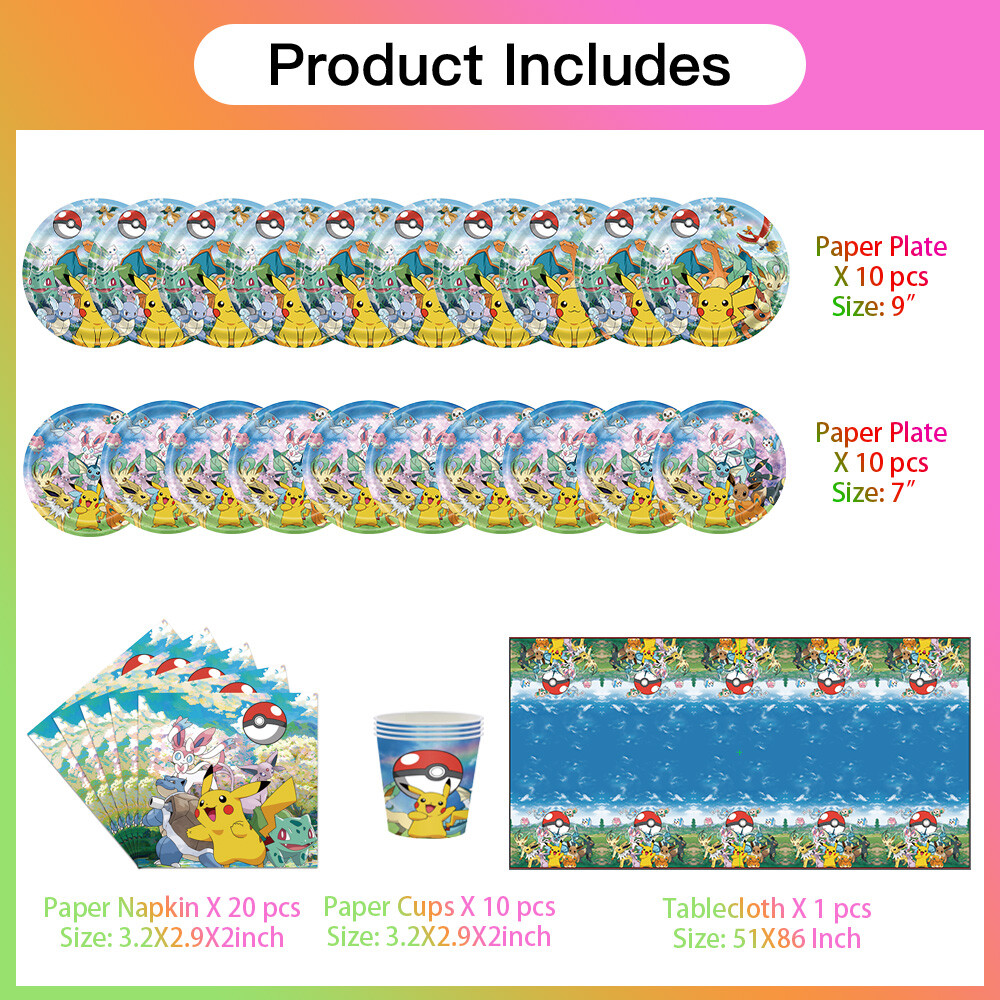Eevee Party Supplies Set Plates Cups Tablecloth Napkins Birthday Decor gallery