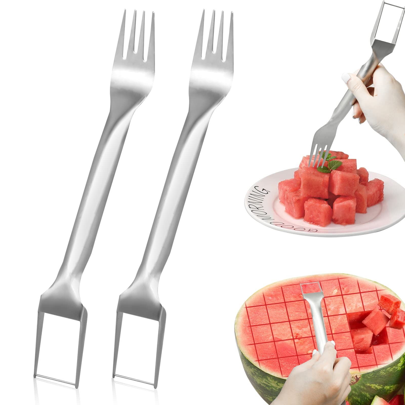 2 Pack 2-In-1 Stainless Steel Watermelon Cutter and Fork Portable Kitchen Gadget gallery