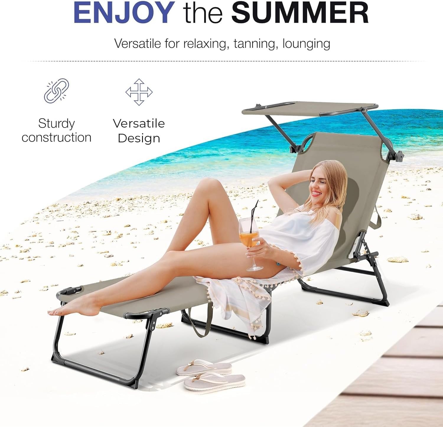 Folding Outdoor Lounge Chair with Canopy - Portable & Adjustable, Taupe gallery