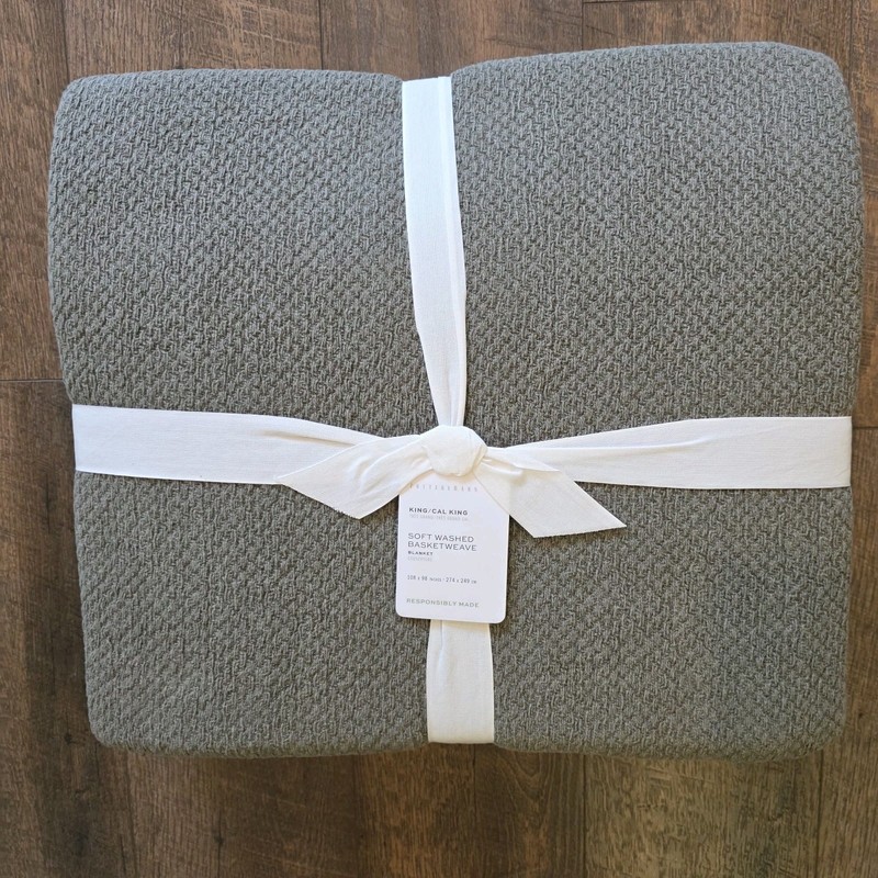 Pottery Barn Washed Cotton Basketweave King Blanket Loden Green 98x108 NEW gallery