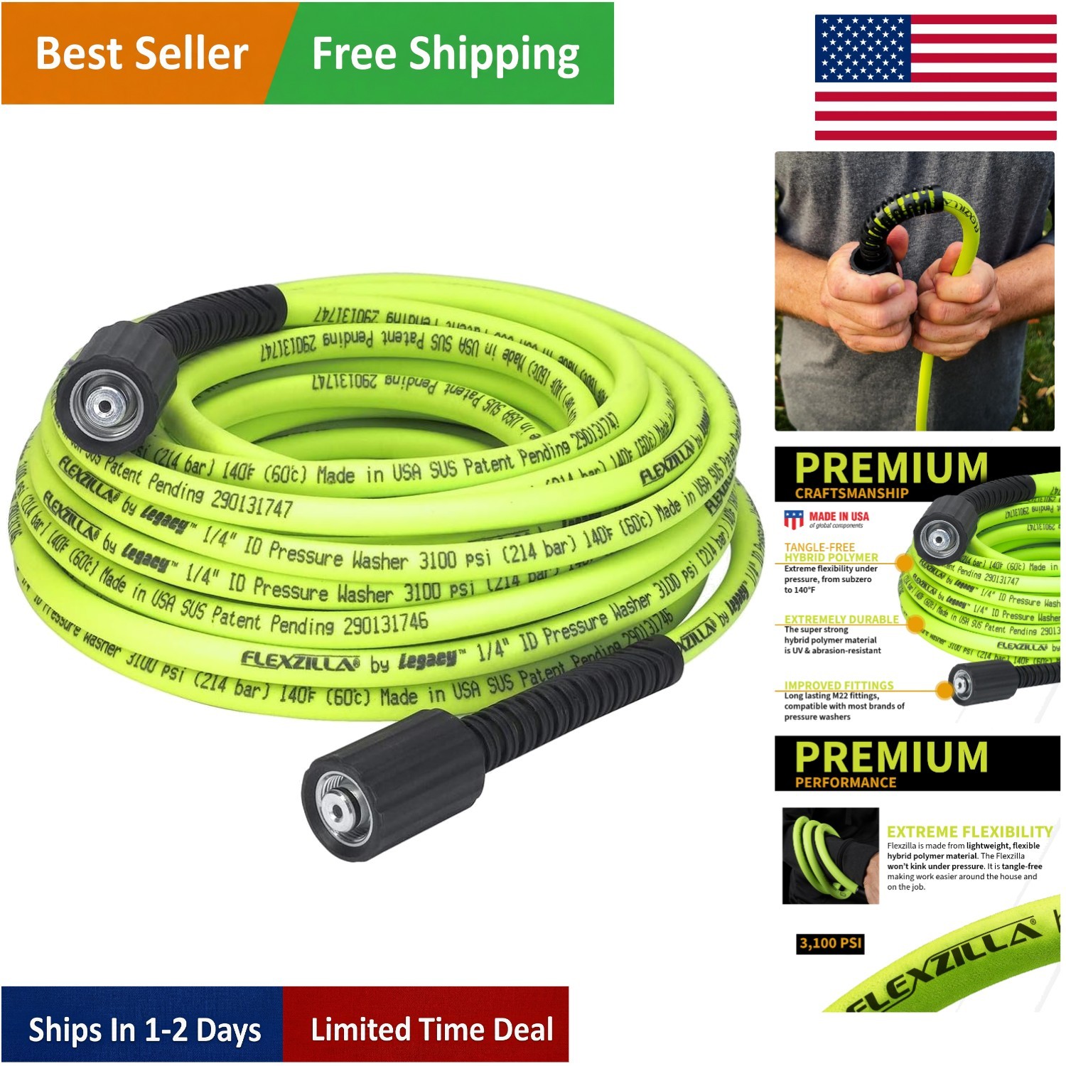 ZillaGreen 1/4 In. x 50 Ft. Pressure Washer Hose with M22 Fittings - 3100 PSI gallery