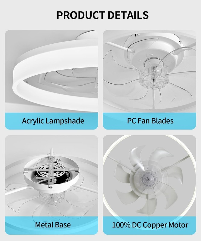 20'' Modern Flush Mount Ceiling Fan with Lights and Remote 3000-6000K Dimmable gallery
