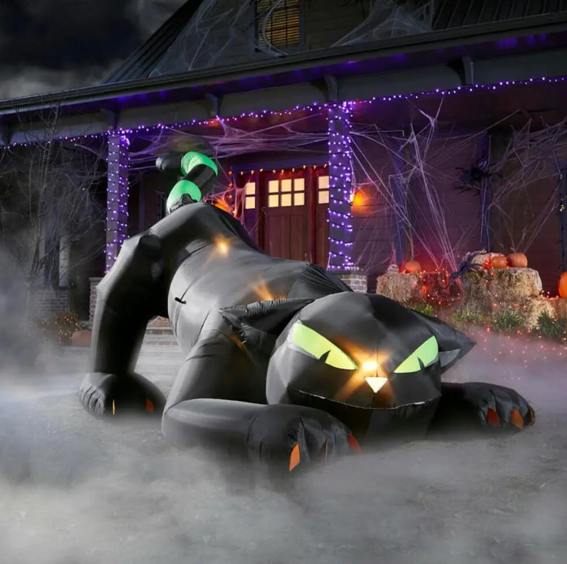 Gemmy 7 ft Animated Head Turning Crouching Black Cat with Green Eyes Inflatable gallery