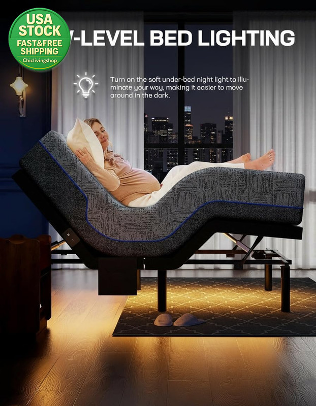 Queen Adjustable Bed Frame Massage USB Ports LED Light Head Foot Incline gallery