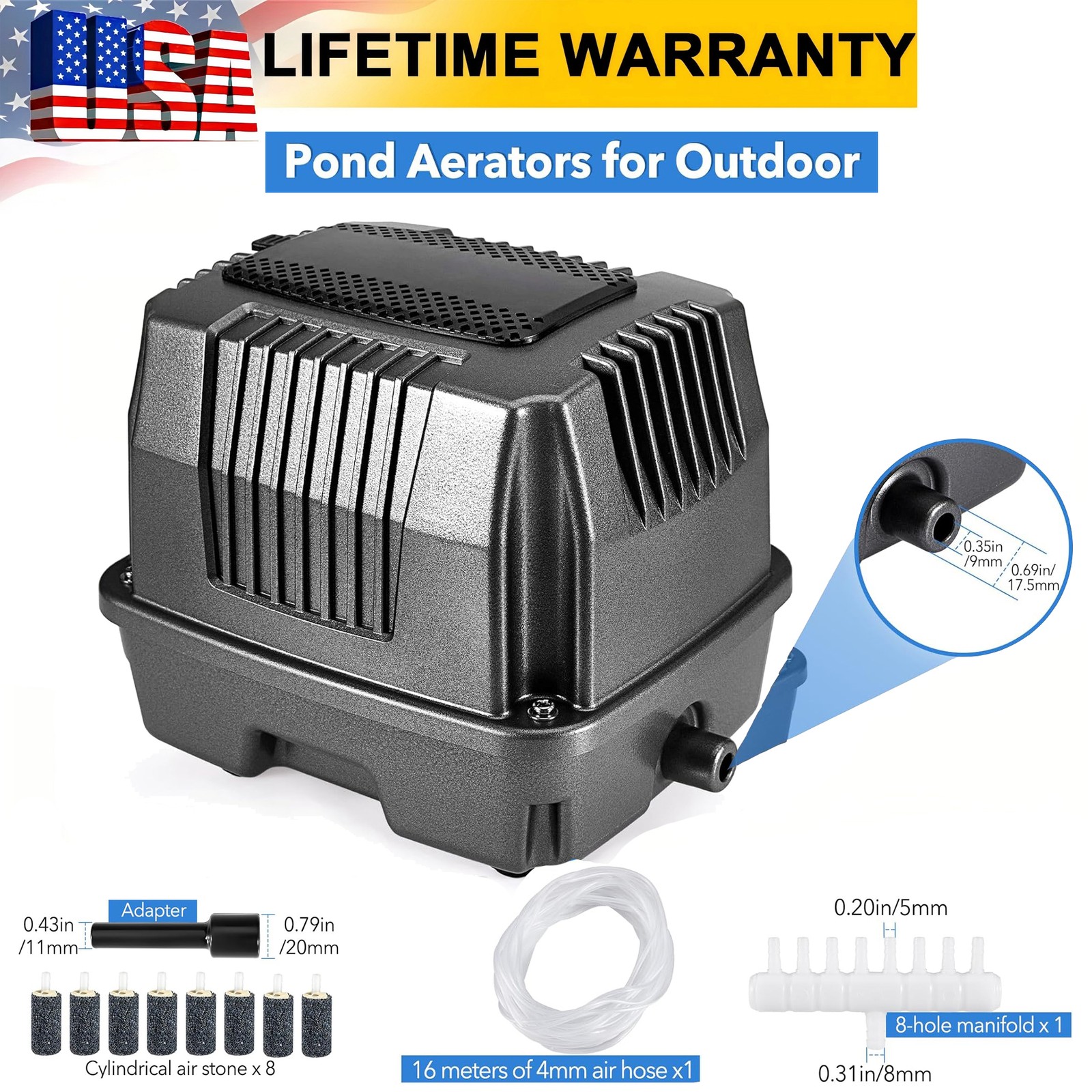Pond Aerator for Outdoor Linear Pond Air Pump 10000 Gallons 855GPH+Air Stone Kit gallery
