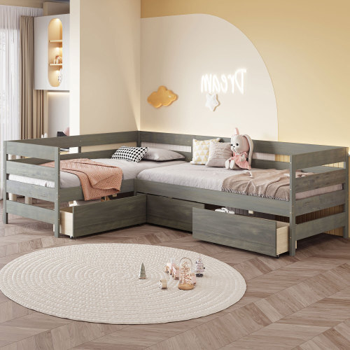 L-shaped Platform Bed Frames with Storage Drawers Solid Wood Twin Bed Corner Bed gallery