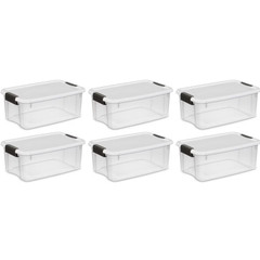 Sterilite 18 Qt Clear Plastic Stackable Storage Bin w/ White Latch Lid, (6 Pack)
