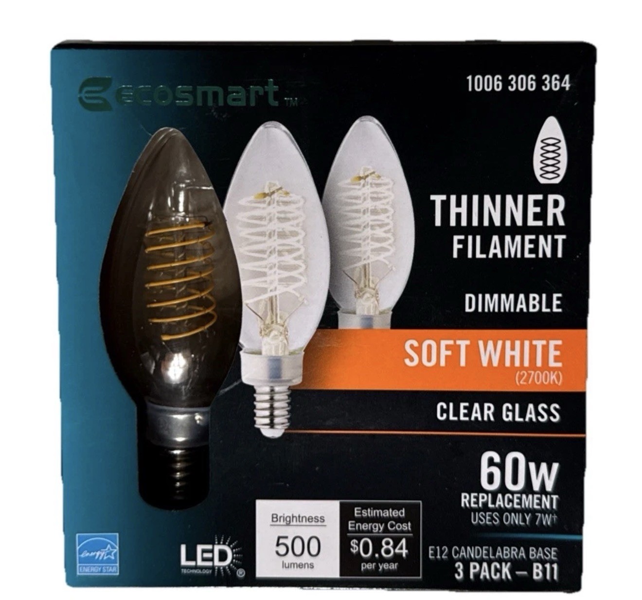 3-Pack EcoSmart 60W Equivalent B11 LED Candelabra Light Bulbs Soft White E12 gallery