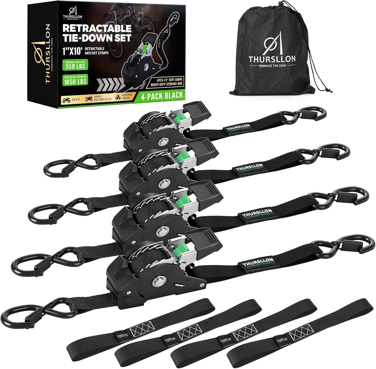 USA Retractable Ratchet Straps (4-Pack) - 1 Inch x 10 Feet (1,650lb Break gallery