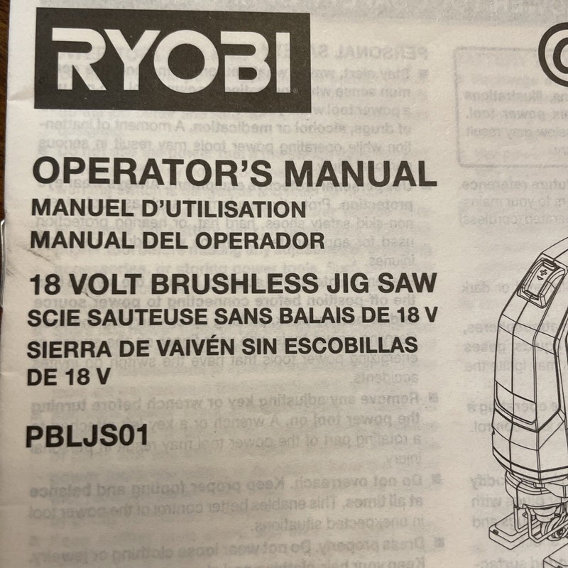 Ryobi Brushless Jig Saw Operator's User Manual PBLJS01 Instructions Only gallery