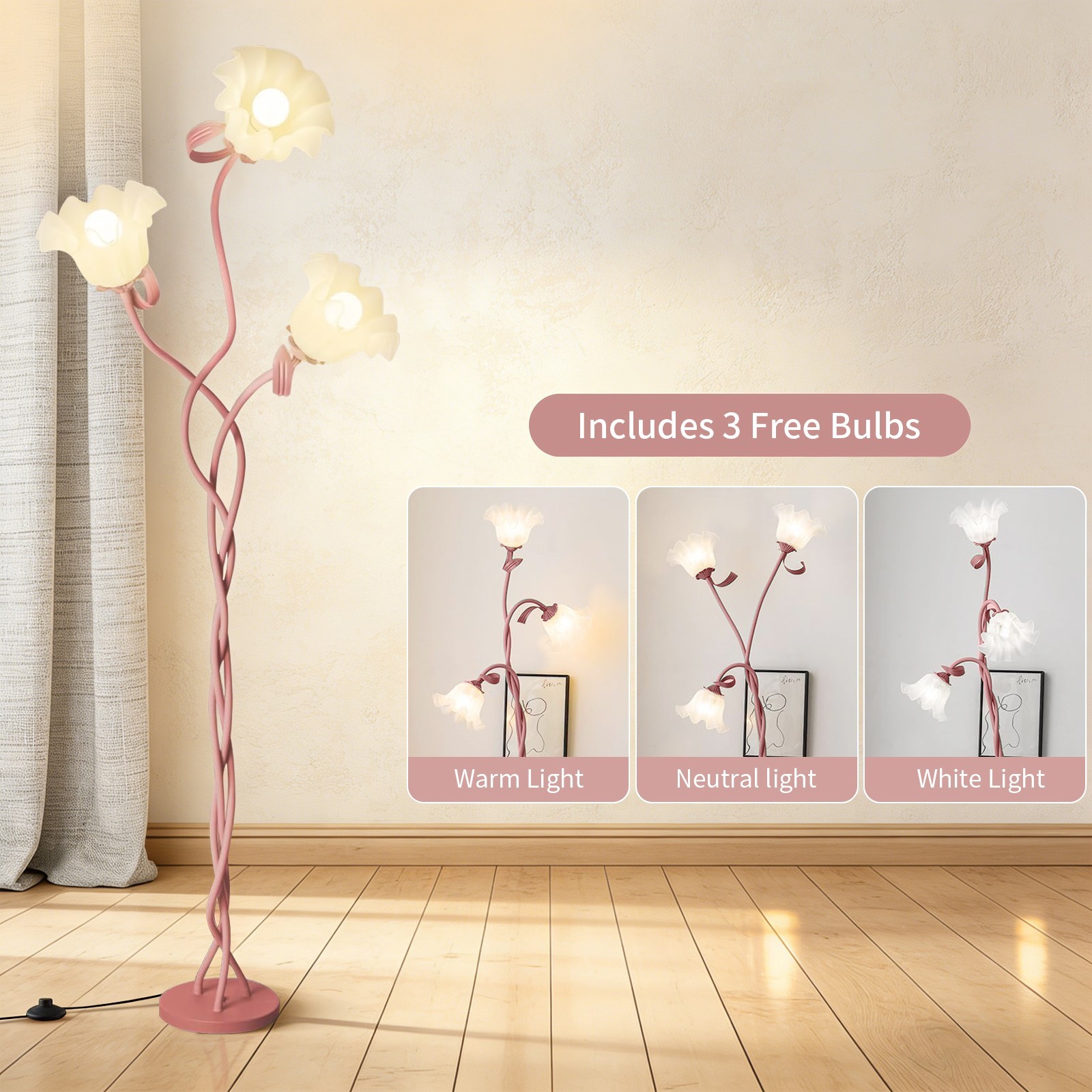 Pink Flower Floor Lamp LED Standing Light Free 3 Bulbs Bedroom Christmas Gift gallery