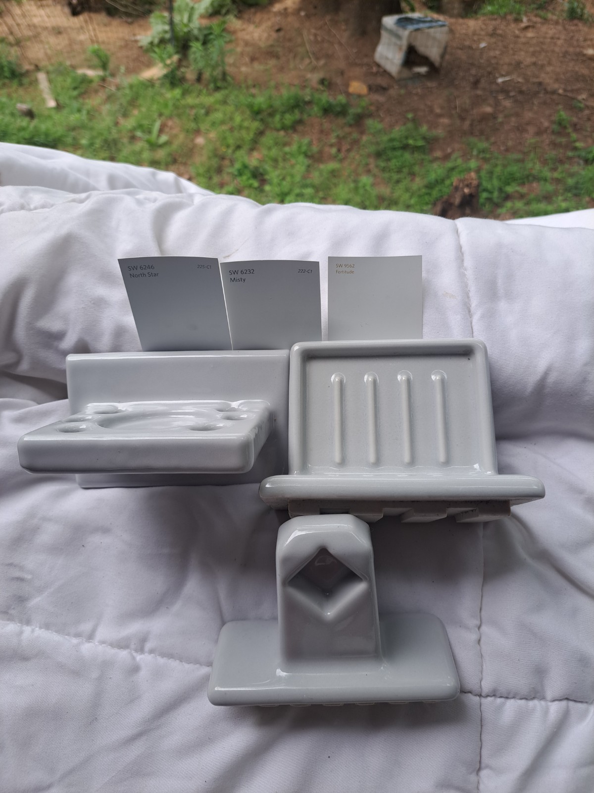 Vtg 3 pc. MCM Ceramic Bathroom Porcelain Accessory Set Steel Grey SW Fortitude gallery