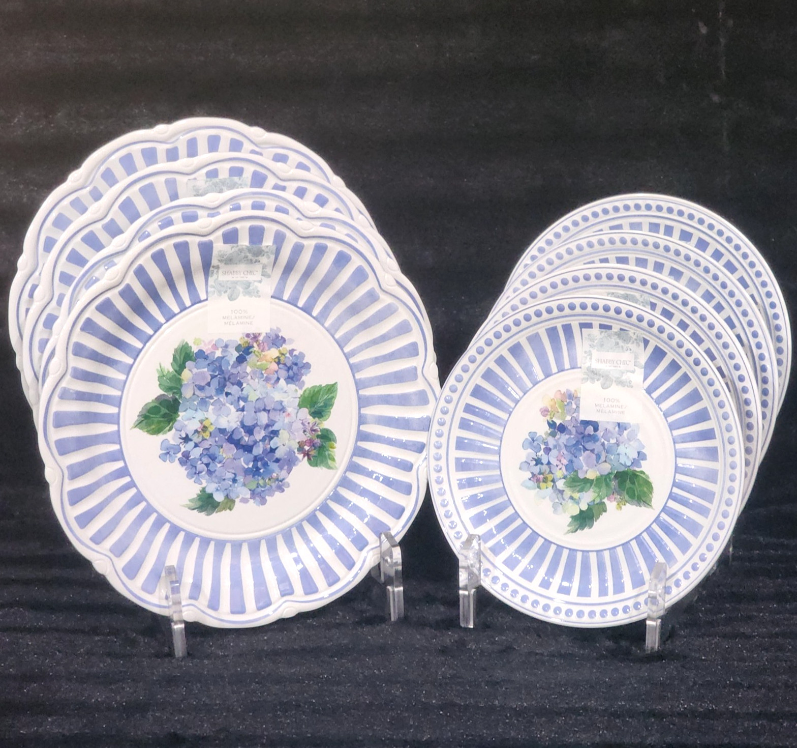 8 Shabby Chic Floral Hydrangea Dinner & Salad Plates Blue White Melamine Summer gallery