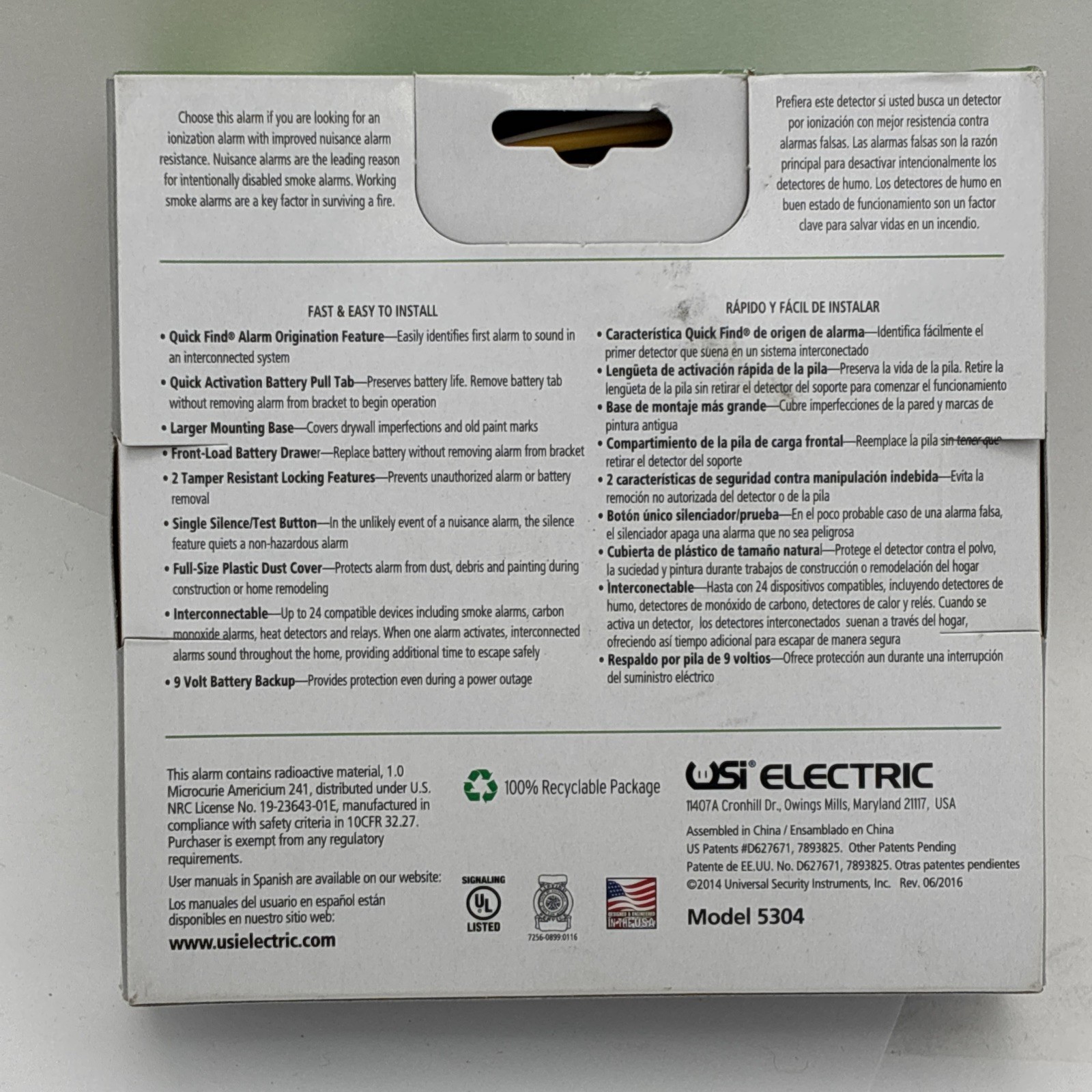 USI Electric 5304 Hardwired Ionization Smoke & Fire Alarm 120V w/ Battery Backup gallery