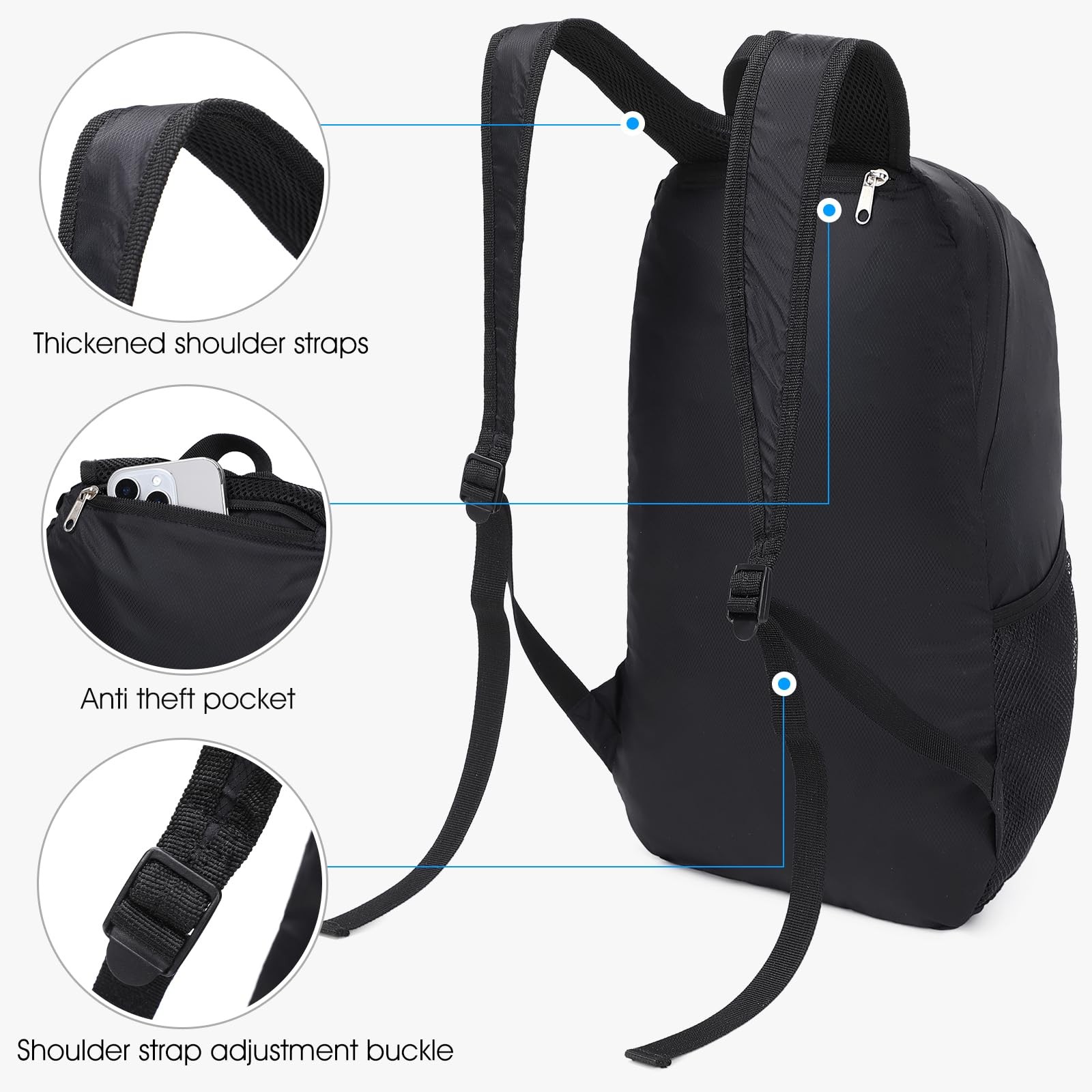 Lightweight Hiking Backpack Small Waterproof Daypack Foldable Nylon Black 5