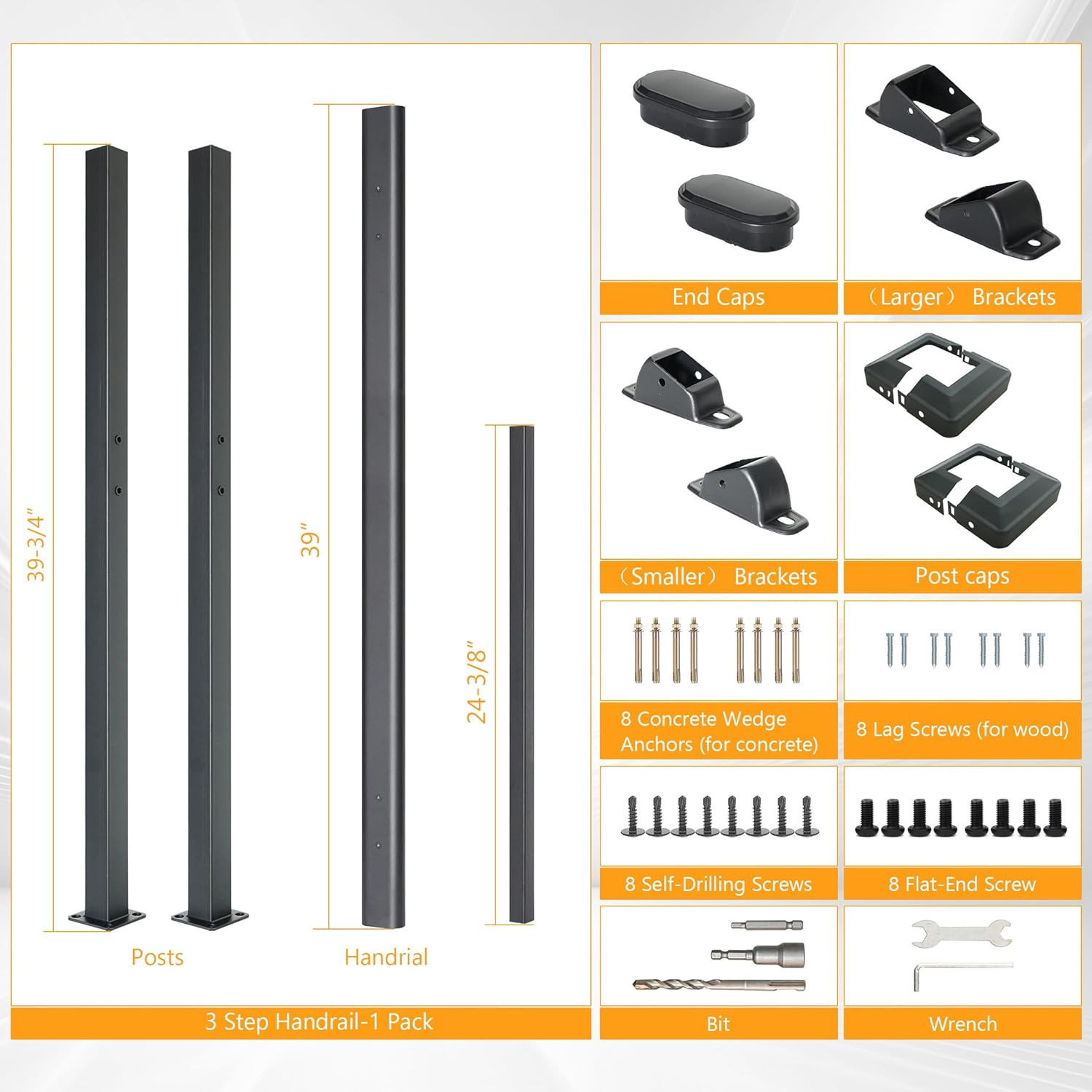 3 Step Handrail for Outdoor,Powder Coated Iron Stair Railing,Black Hand Rails fo gallery