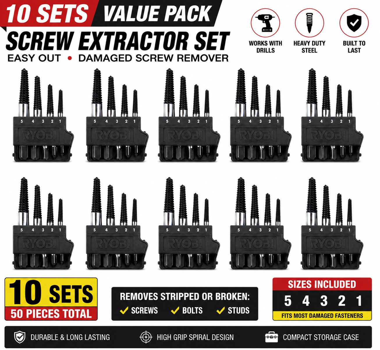 Ryobi A96SE51 Spiral Screw Extractor Set 5-Piece Black New OEM 10 Sets Lot Pack! gallery