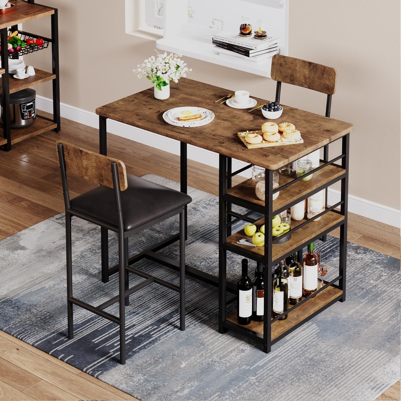 Small Space 3-Piece Dining Table Set for 2, High-Leg Bar Table w/ Chairs Brown gallery