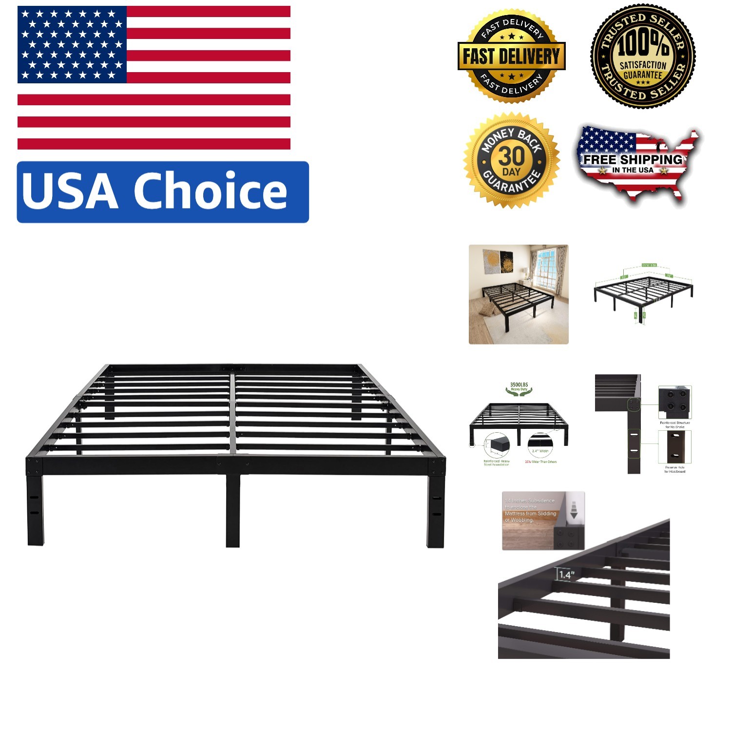 Squeak Resistant 14-Inch Platform Bed Frame - 3500 lbs, Stylish Black Finish gallery