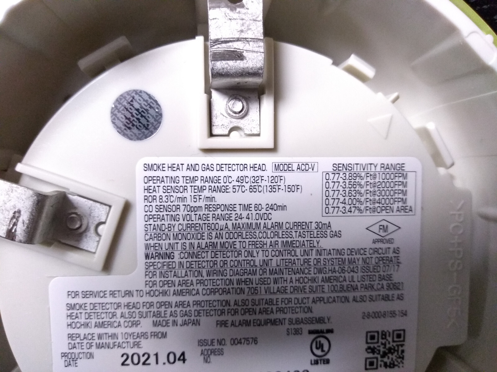 Smoke, Heat & Gas Detector Head, Multi-Sensor,Addressable. Hochiki Model #ACD-V gallery