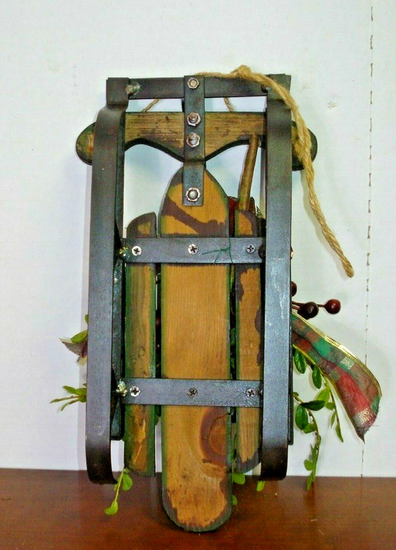 Wood Sled Decor Old Fashioned Decorative Hanging holly leaves gold plaid ribbon gallery