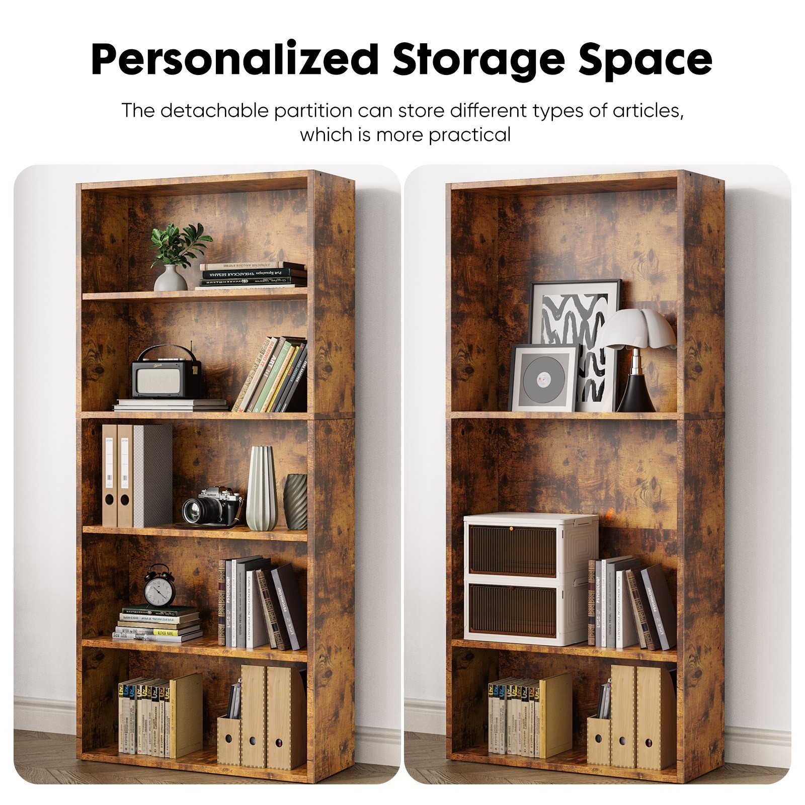 Bookshelf 5 Tier Storage Shelf Adjustable Bookcase Open Wood Magazine Organizer gallery