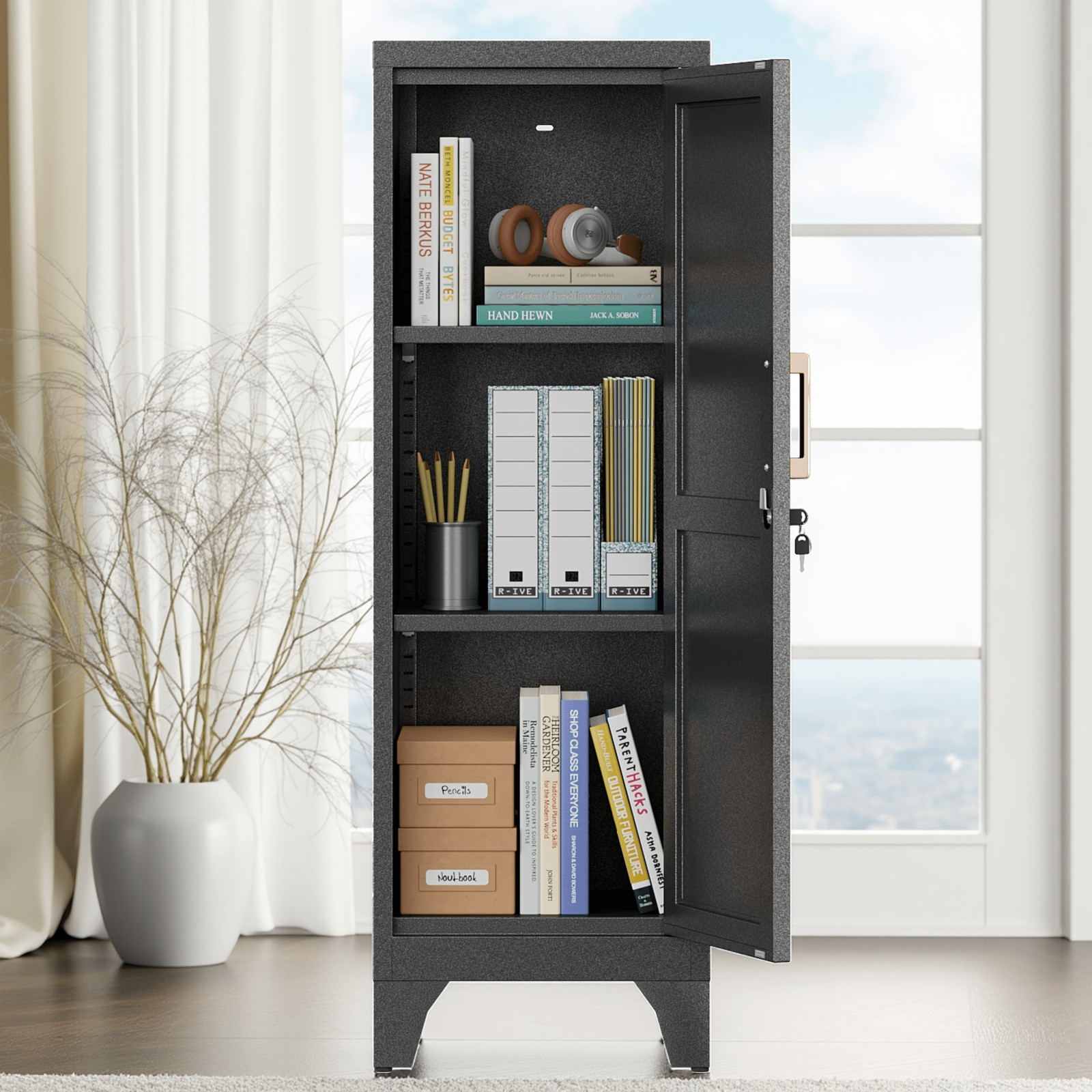 Metal Storage Cabinet Locking Kitchen Pantry Cabinet with 2 Adjustable Shelves gallery