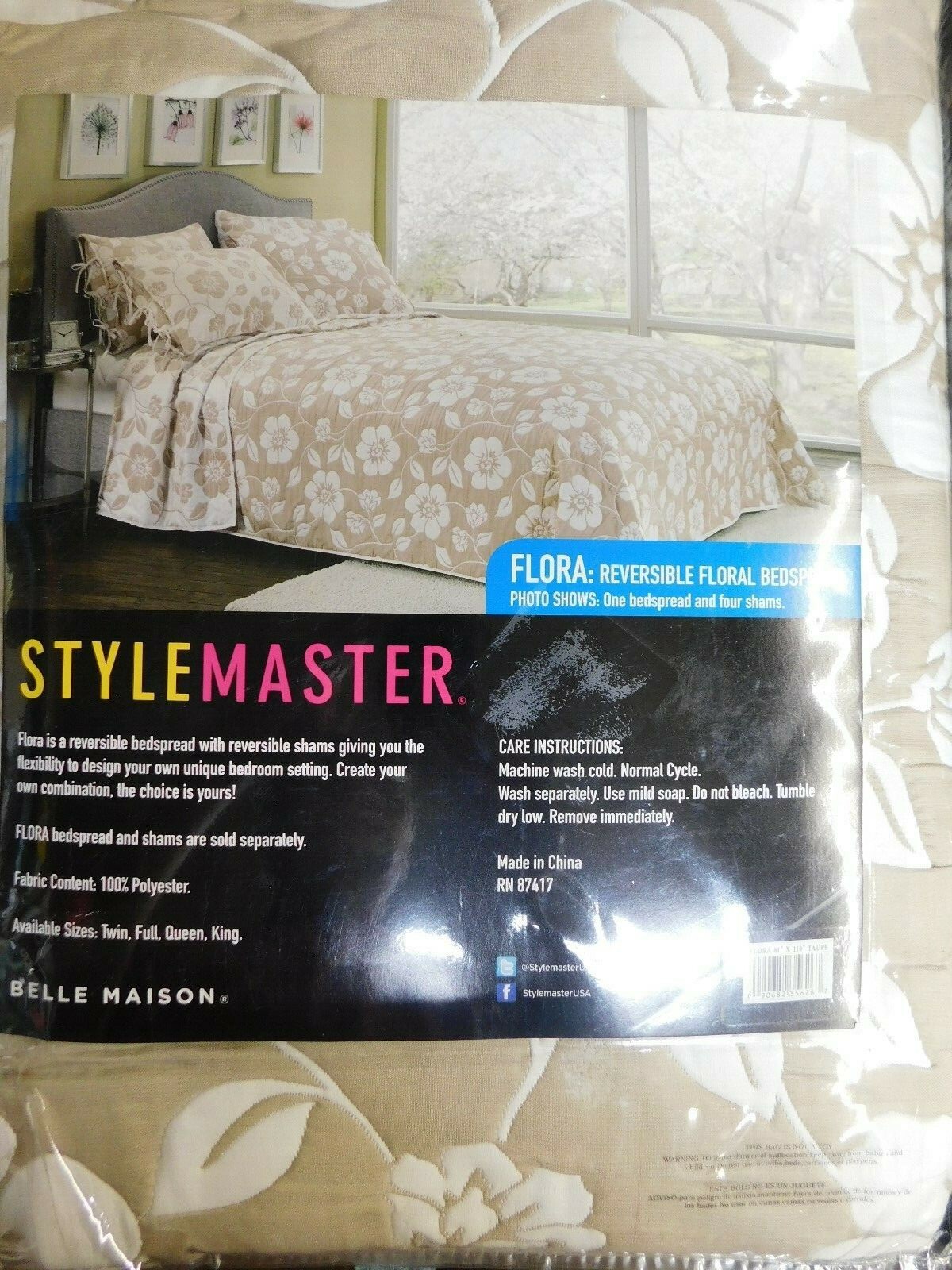 Stylemaster Flora Reversible Bedspread Only, Twin,Taupe gallery