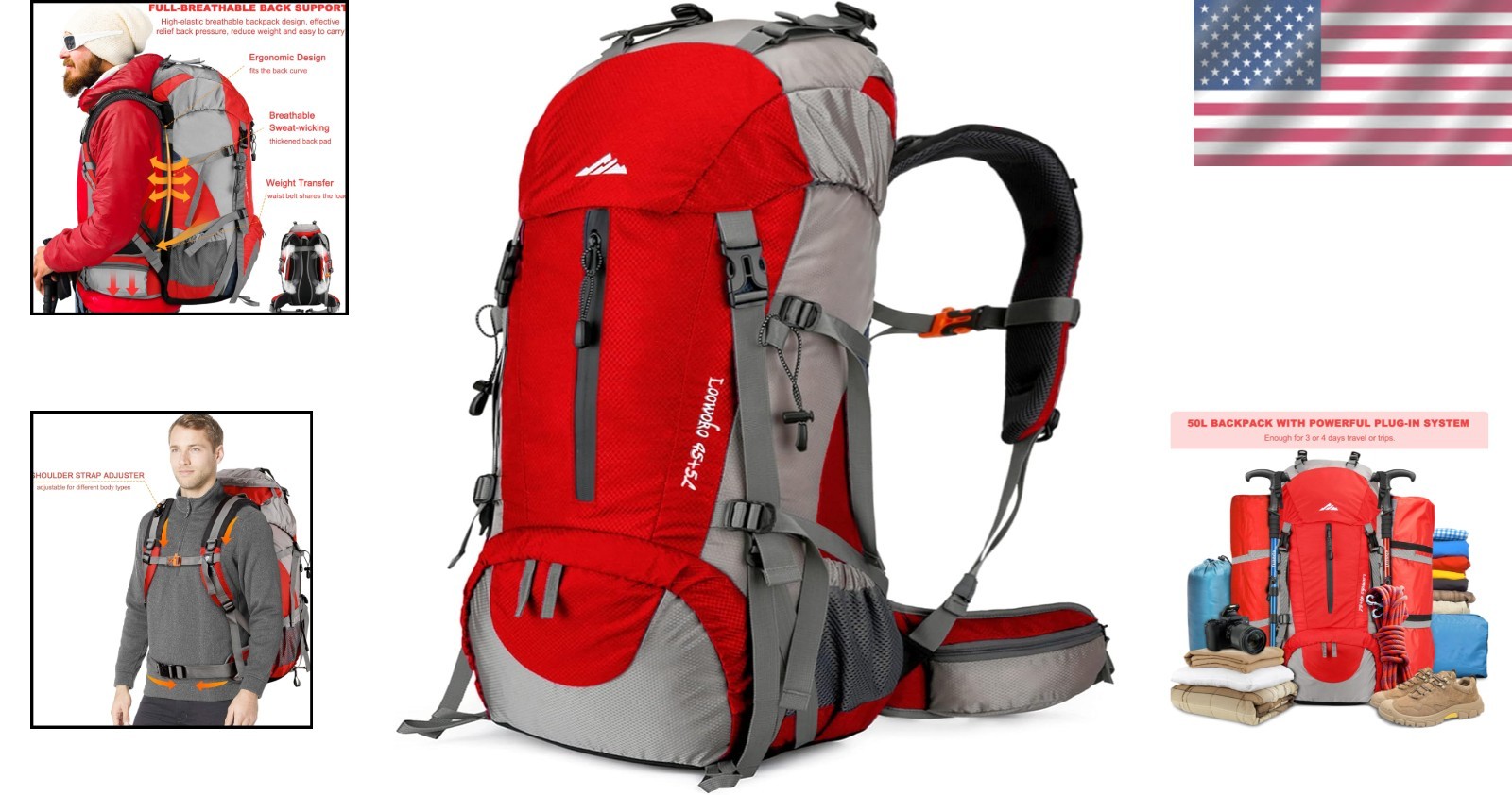 50 Liter Hiking Daypack - Waterproof Backpack with Multiple Pockets & Rain Cover 2