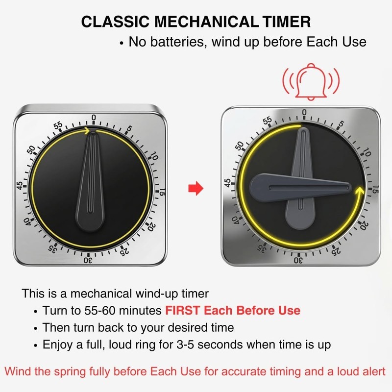 Mechanical Kitchen Timer Magnetic with Loud Alarm, 60-Minute Manual Wind Up A... gallery