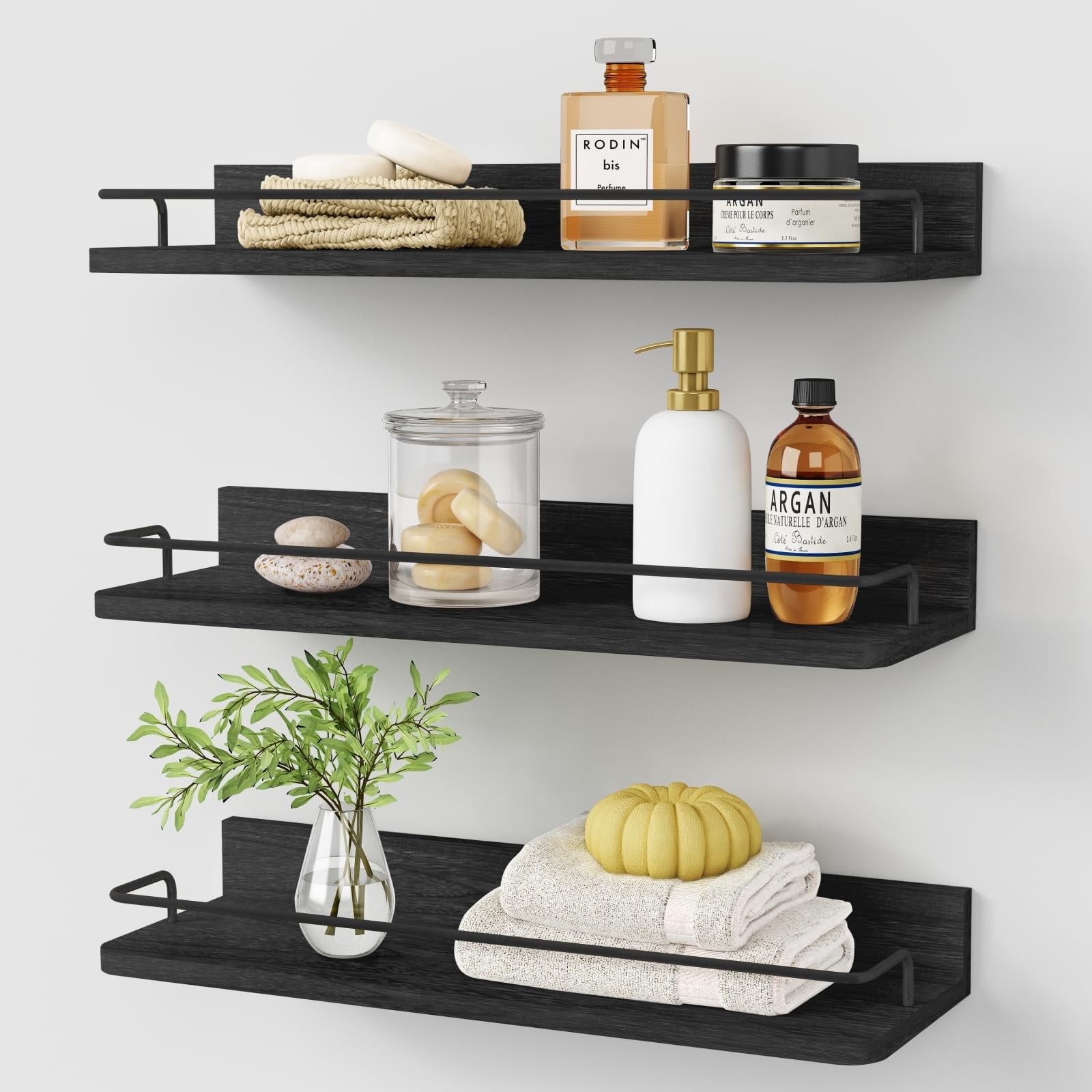 3 PCS 17 Inch Long Black Floating Shelves for Wall with Lip Rail Rustic Hanging gallery