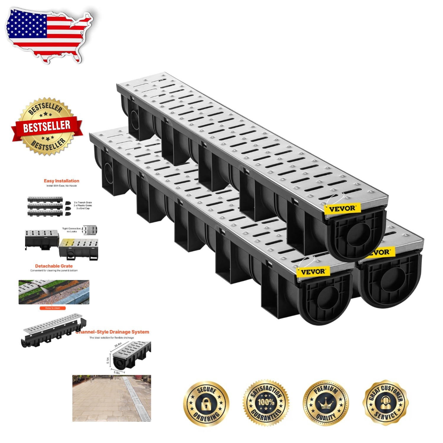 Durable Trench Drain System 3 Pack | Black HDPE | Metal Grate | Garage Waterway gallery
