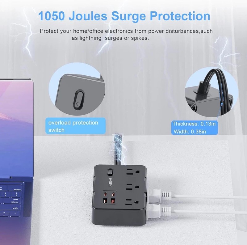 Flat Plug Power Strip Surge Protector, 5Ft Ultra Thin Extension Cord with 4 USB gallery