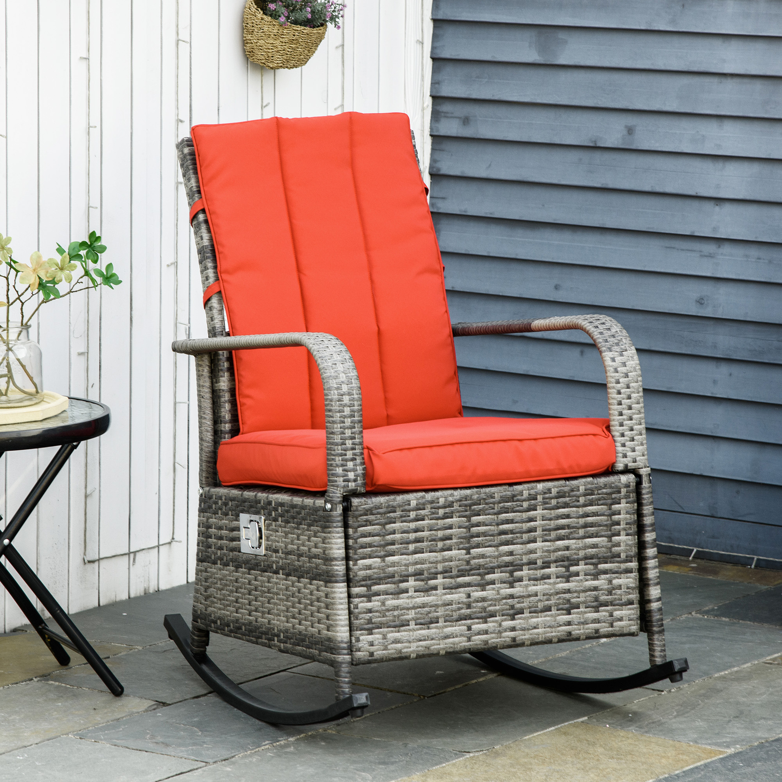 Reclining Rocking Chair, Outdoor PE Wicker Porch Rocker, Cushion, Patio, Red gallery